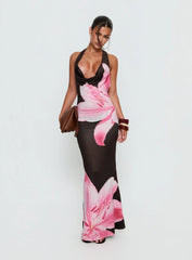 Kanara Halter Plunge Maxi Dress Chocolate Pink Floral
