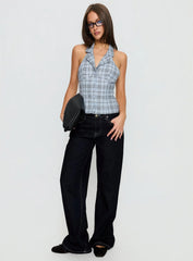 Lure Button Up Sleeveless Top Baby Blue Plaid