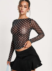 Rosenda Mesh Long Sleeve Top Black White Polka