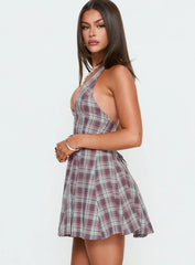 Out Of Nowhere Halter Mini Dress Burgundy Pink Check