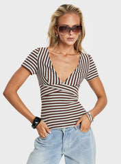 Madelon Short Sleeve Wrap Top Brown Blue Stripe