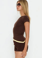 Eustace Off Shoulder Asymmetrical Top Brown Yellow
