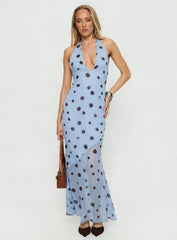 Oralee Halter Sheer Maxi Dress Blue Polka Dot