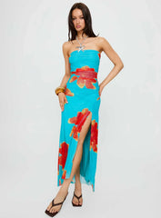 Katara Strapless Maxi Dress Blue Orange Floral