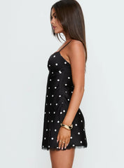 Margareta Lace Trim Mini Dress Black White Polka Dot