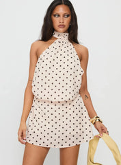 Natalea High Neck Playsuit Cream Brown Polka