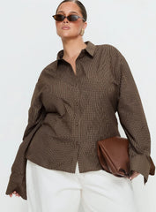 Xinia Tie Waist Long Sleeve Shirt Brown Check Curve
