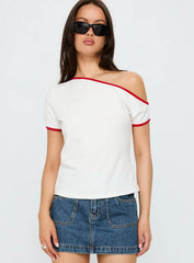 Kelsa Off Shoulder Contrast Trim Top White Red