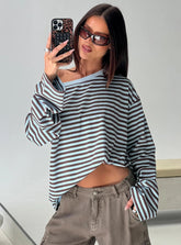 Settle Down One Shoulder Long Sleeve Top Chocolate Blue Stripe