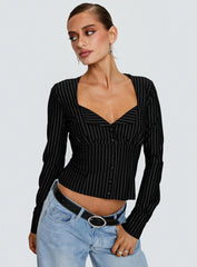 Set For Life Foldover Detail Long Sleeve Top Black White Pinstripe