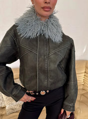 Brittanni Fluffy Collar Jacket Black Blue
