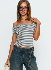 Kiela Off Shoulder Hardware Detail Top Grey White Stripe
