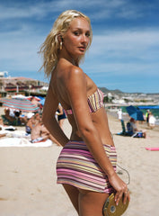 Lemargo Tie Ruched Swim Skirt Pink Yellow Stripe