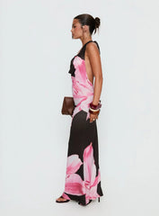 Kanara Halter Plunge Maxi Dress Chocolate Pink Floral