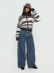 Tetra Zip Through Knit Sweater Pink Stripe