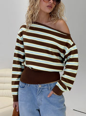 Zinia Off Shoulder Knit Sweater Brown Blue Stripe