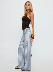 Silver Moon Linen Blend Tie Pants Blue Maroon Stripe