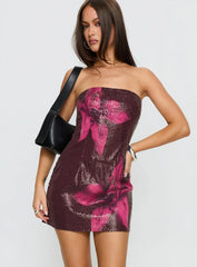 Desiri Strapless Sequin Mini Dress Brown Pink Floral