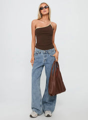 Hold It Down One Shoulder Contrast Top Chocolate Yellow