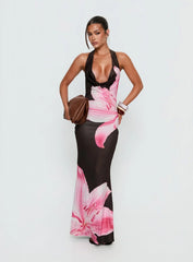 Kanara Halter Plunge Maxi Dress Chocolate Pink Floral
