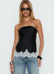 Fiorelle Strapless Lace Trim Satin Top Black White