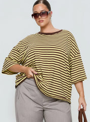 Settle Down Short Sleeve Top Yellow Brown Stripe Curve