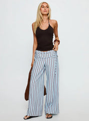 Silver Moon Linen Blend Tie Pants Blue Maroon Stripe
