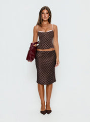 Somani Satin Midi Skirt Brown Pink Polka Dot