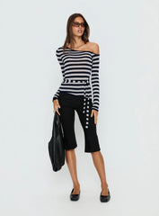 Kastor One Shoulder Long Sleeve Top Navy Grey Stripe