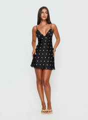 Margareta Lace Trim Mini Dress Black White Polka Dot
