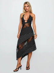 Down With Love Asymmetrical Midi Dress Black White Polka Dot