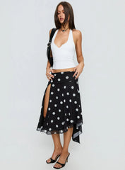 Dulciana High Split Asymmetrical Midi Skirt Black Polka Dot