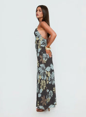 Esmira Halter Maxi Dress Chocolate Blue Floral