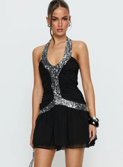 Aisleigh Sequin Halter Mini Dress Black Silver