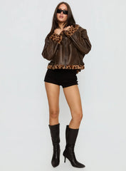 Brandyn Faux Fur Trim Jacket Brown Leopard