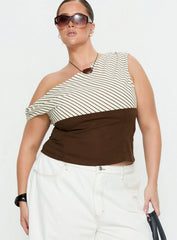 Past Life One Shoulder Top Brown Stripe Curve