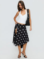 Dulciana High Split Asymmetrical Midi Skirt Black Polka Dot