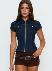 Liyana Denim Zip Up Short Sleeve Shirt Mid Blue