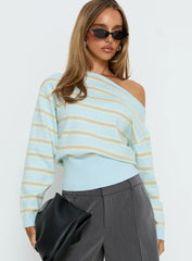 Zinia Off Shoulder Knit Sweater Grey Blue Stripe