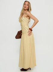 Marguerite Halter Maxi Dress Lemon Brown Polka Dot