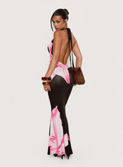 Kanara Halter Plunge Maxi Dress Chocolate Pink Floral