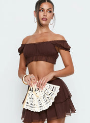 Ackee Ruched Off Shoulder Top Brown