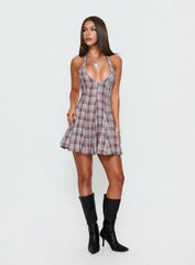 Out Of Nowhere Halter Mini Dress Burgundy Pink Check
