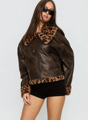 Brandyn Faux Fur Trim Jacket Brown Leopard
