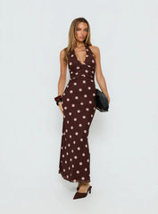 Saviana Halter Ruched Maxi Dress Chocolate Pink Polka Dot