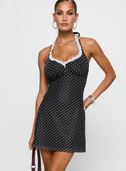 Black Beauty Halter Mini Dress Black Polka