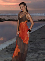 Carita Sheer Chiffon Maxi Dress Brown Orange Floral