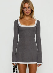 Adoree Long Sleeve Layered Mini Dress Grey White