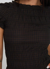 Romelle Shirred Top Black Brown Plaid Petite