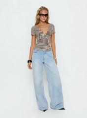 Madelon Short Sleeve Wrap Top Brown Blue Stripe